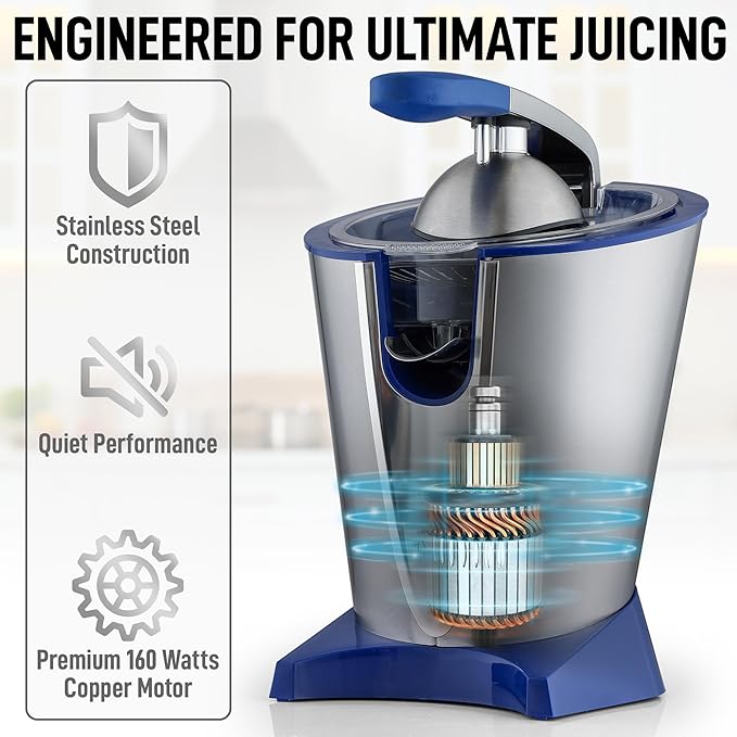 Zulay Electric Citrus Juicer - Makes Fresh Orange, Lemon, Grapefruit, Lime Juice - Stainless Steel, 160W Powerful & Quiet, Interchangeable Cones -Filters Out Seeds & Pulp- Dishwasher Safe Parts - Blue