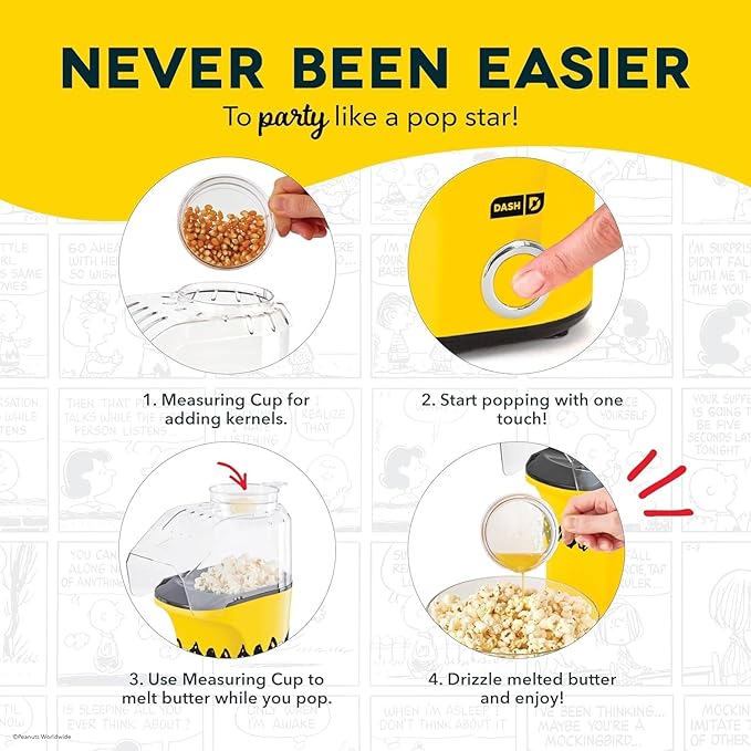 Peanuts DASH Fresh Pop Popcorn Maker - Oil-Free, Air Popcorn Popper - With Measuring Cup & Recipe Guide - Perfect for Movie Nights - 16 Cups
