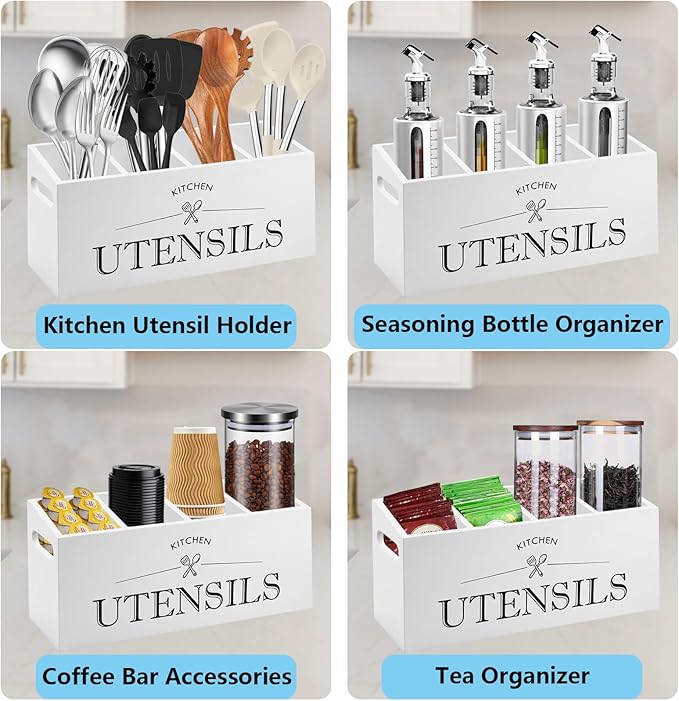 Kitchen Utensil Holder with 4 Compartments, Wooden Utensil Organizer for Countertop, Ideal for Storage and Organization, Rustic Cooking Utensil Kitchen Tool, White