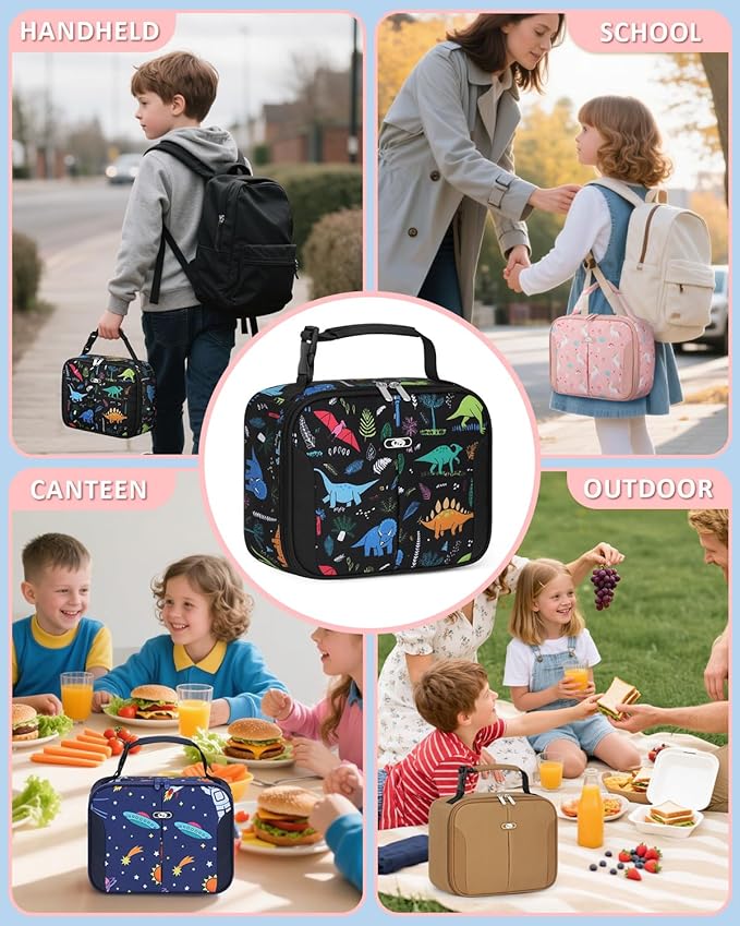Insulated Lunch Box for Kids, Cute Thermal Lunch Bag for School, Reusable Lunch Tote for Boys and Girls, Durable Cooler Bag with Easy Grab Handle, Lightweight and Easy to Clean Meal Bag,Dinosaurs