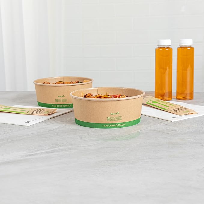 Restaurantware Compostable Paper Food Containers 50 Pack Of 50 oz BPI-Certified Round Kraft Salad Bowls Disposable Grease-Resistant Meal Prep Take Out Containers For Ice Creams, Soups, Snacks
