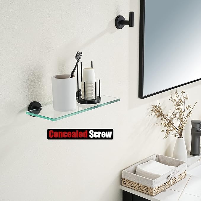 JQK Bathroom Glass Shelf Black, Tempered Glass Shower Storage 12 by 5 inches, 304 Stainless Steel Matte Black Wall Mount 2 Pack, TGS101L12-PB-P2