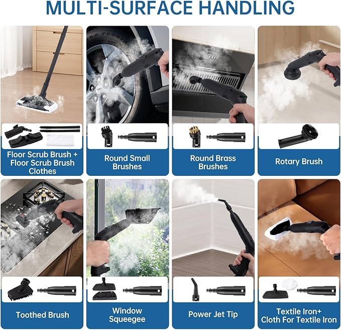 Steam Cleaner, Powerful Heavy Duty Canister Steamer with 34 Accessories, Steam Mop with 16.4 Ft Extra-Long Power Cord for Home Floor Cleaning, Grout, Upholstery, Car Detailing, Grey