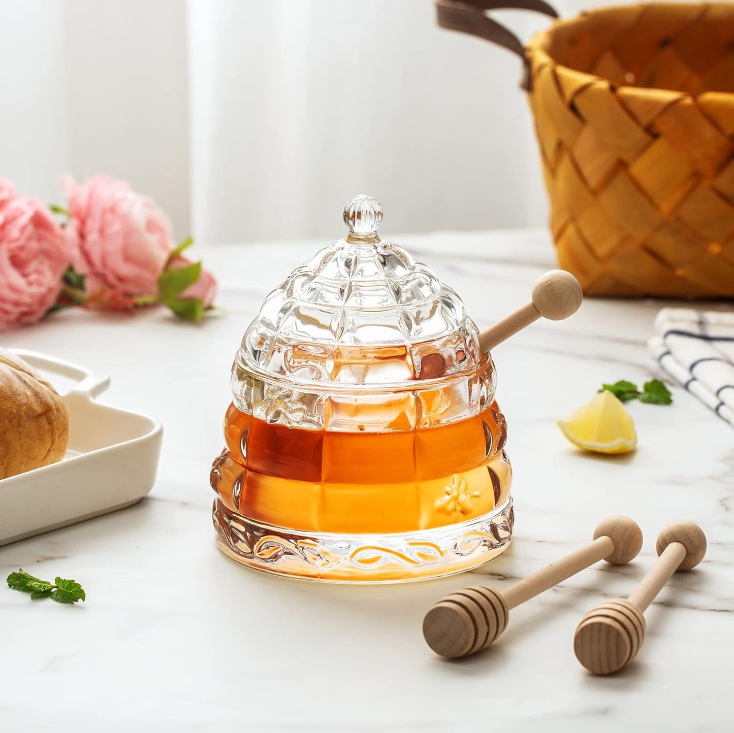 M&N HOME Honey Dish with 3 Dippers, Honey Jar, Large Glass Honey Pot storage with Lid and Inscribed Wooden Honey Dippers, Glass Honey Dispenser Thank You Gift,