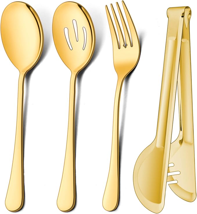 LIANYU 12-Piece Large Gold Serving Utensils Set, 9.8 Inch Stainless Steel Serving Spoons Forks Tongs Set, Perfect for Hostess Buffet Catering Party, Dishwasher Safe