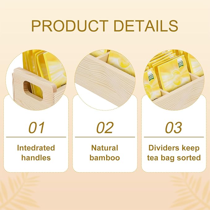 uxcell Tea Bag Organizer, 3 Compartments Pine Wood Tea Box with Handle, Tea Storage Organizer Holder for Tea Bags, Beverage Supplies Sugar Packet, Wood Color