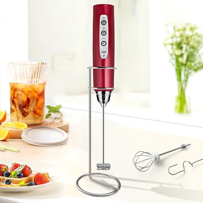 Sakgos Milk Frother with Stand Rechargeable-Handheld Frother Wand with 3 Stainless Whisks 3 Speed Adjustable, Electric Whisk Drink Mixer, Foam Maker Blender for Matcha Latte Cappuccino Chocolate