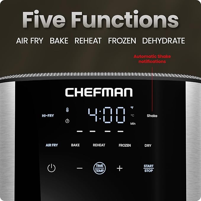 Chefman Air Fryer 6 Qt | TurboFry® 5-in-1 with 450°F Hi-Fry Option for Crispier Results | Bake, Dehydrate, Frozen | XL Nonstick Dishwasher-Safe Basket | Stainless Steel