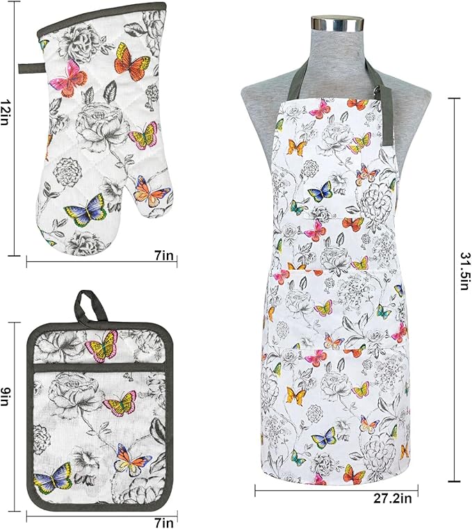 Alselo Oven Mitts and Pot Holders with Chaf Apron,Set of 5 Heat Resistant Kitchen Gloves and Silicone Non-Slip Potholders Adjustable Neck Buckle Apron, Cotton Nice Design for Cooking (Butterfly)