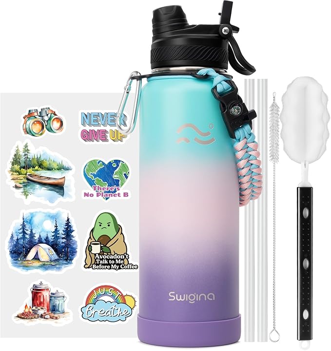 Swigina [2-IN-1 LID] Insulated Water Bottle with Silicone Boot (36hrs Cold/18hrs Hot) - DIY Stickers, Leakproof, BPA Free, 40 oz