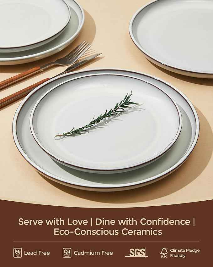 24 Piece Stoneware Dinnerware Set for 8, Moonstone White Plates and Bowls Set, Reactive Glaze Ceramic Dish Set, Durable & Chip Resistant, Modern Rustic Look, Microwave & Dishwasher Safe