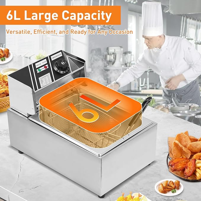 Electric Deep Fryer – 6L Large Capacity Deep Fryer with Detachable Basket, Adjustable Temperature Control, 1600W Stainless Steel Commercial Fryer for Restaurant & Home – Perfect for Chicken, Fries