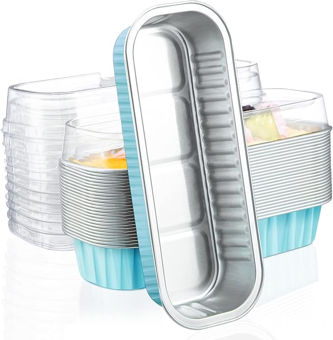 EUSOAR Baking Cups with Lids, 25pcs 6.8oz 6.5"x2.5"x1.2" Disposable Aluminum Foil Mini Loaf Cake Pans Tin with Lids，Cupcake Ramekins Baking Cups Containers Cheesecake Creme Brulee Ramekins Pan