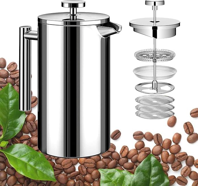 Small French Press Stainless Steel Coffee Maker 21oz(3 Cups), Double Wall Insulated for Hot& Cold Brew, Compact Coffee& Tea Press for Camping, Office, Travel with 3 Ultra-Fine Filters & Spoon- Silver
