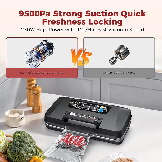 95kpa Vacuum Sealer Machine,Commercial Full Automatic Food Sealer,Powerful Sealing System with Double Heat Seal,Built-in Cutter&Bags Storage,1 Bag Rolls and 10 pcs Pre-cut Bags