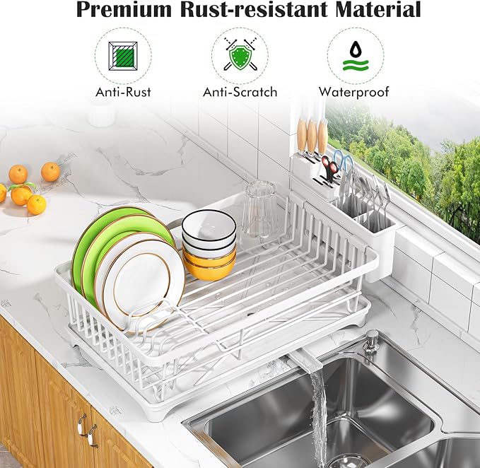 Kmiectse Dish Drying Rack - Space-Saving Small Dish Rack for Kitchen Counter, Rust-Resistant Kitchen Drying Rack, Compact Dish Drainer Organizer with Utensil Holder for Home Kitchen, White