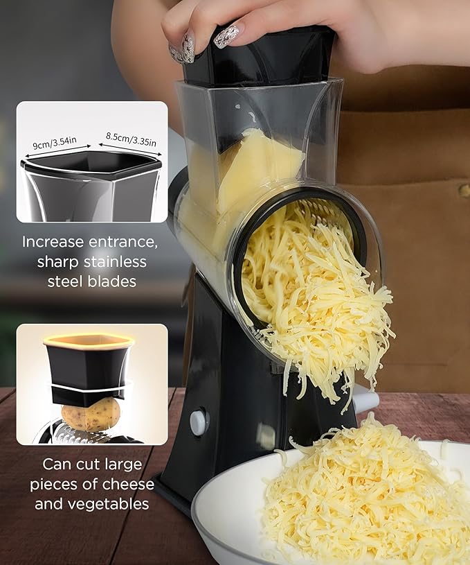 Rotary Cheese Grater Hand Crank, Cheese Shredder/Slicer/Chopper with Large Caliber and Strong Suction Base, 3 Blades for Potatoes/Nuts/Vegetables, Easy to Use Clean for Home