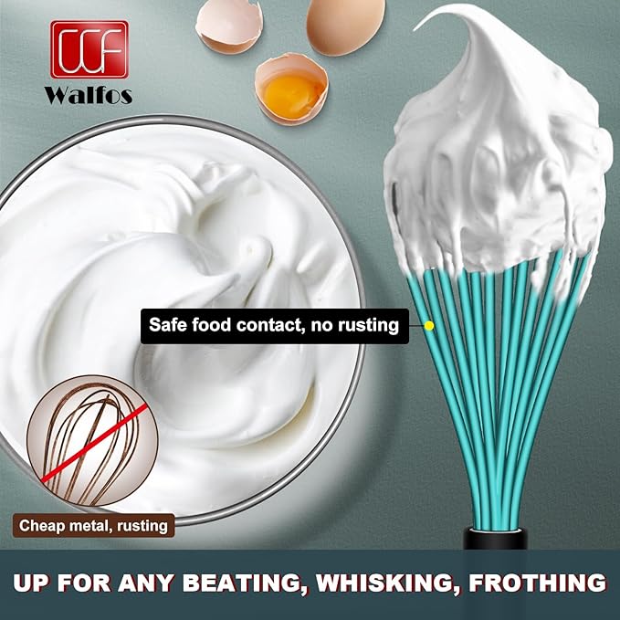 Walfos Silicone whisk,Whisks for Cooking Non Scratch, BPA Free whisk set of 4, 7+9+11in Balloon Whisks & 11in Flat Whisk, Heat Resistant(480°F).Great for Cooking in Pans, Baking, Whisking.Blue