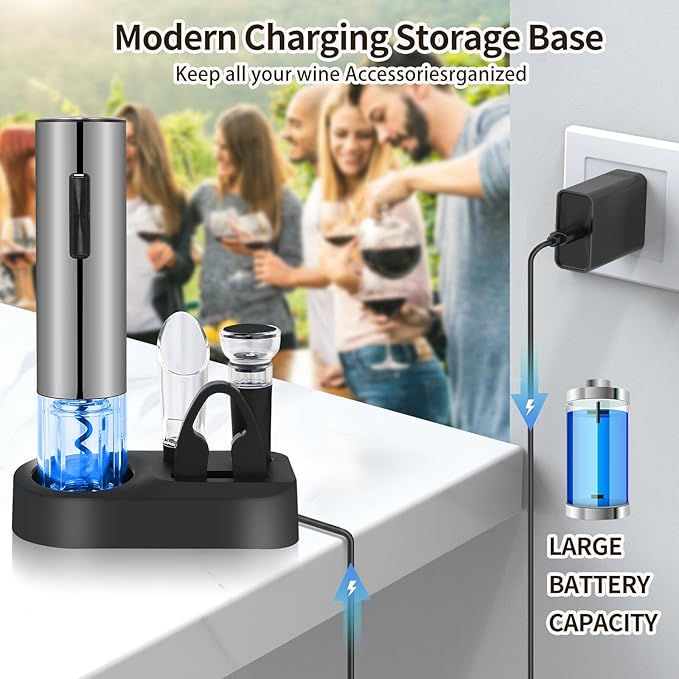 VIDYSUFYR Electric Wine Bottle Opener Set- Silver, Automatic Wine Bottle Opener with Led Light, Rechargeable Corkscrew Kit with Aerator，Foil Cutter，Stoppers