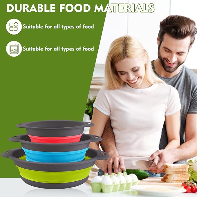 Silicone Colander Collapsible Strainers Set for Kitchen- 3 Pack (3Qt, 4Qt,5Qt) -Over Home Draining Basket, Food Vegetables & Fruits-Dishwasher Safe, BPA Free Space Saving Design (Green,Blue,Red)