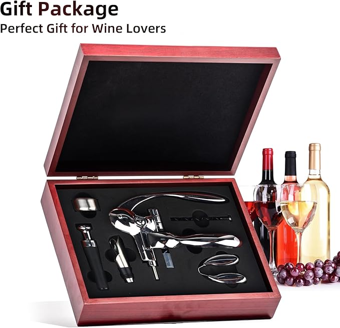 Rabbit Wine Opener Set, Premium 6-Piece Corkscrew Kit with Wooden Gift Box, Includes Foil Cutter, Wine Stopper & Accessories, Easy Cork Removal, Perfect for Wine Lovers (Vintage Silver)