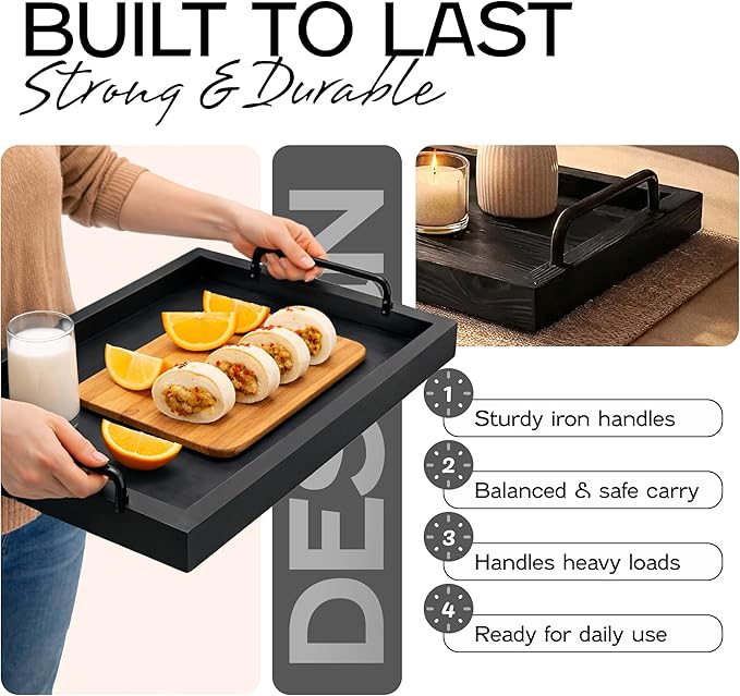 Besti Rustic Vintage Food Serving Trays (Set of 2) | Nesting Wooden Board with Metal Handles | Stylish Farmhouse Decor Serving Platters | Large: 15 x2 x11” - Small: 13 x2 x9” (Black)