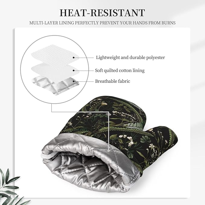 Mushrooms Oven Mitts and Pot Holders Sets Silicone Forest Plants Wild Berries Herbs Ferns Kitchen Oven Mitts Hot Pads Heat Resistant Potholders Kitchen Mitts Set for Baking BBQ Cooking