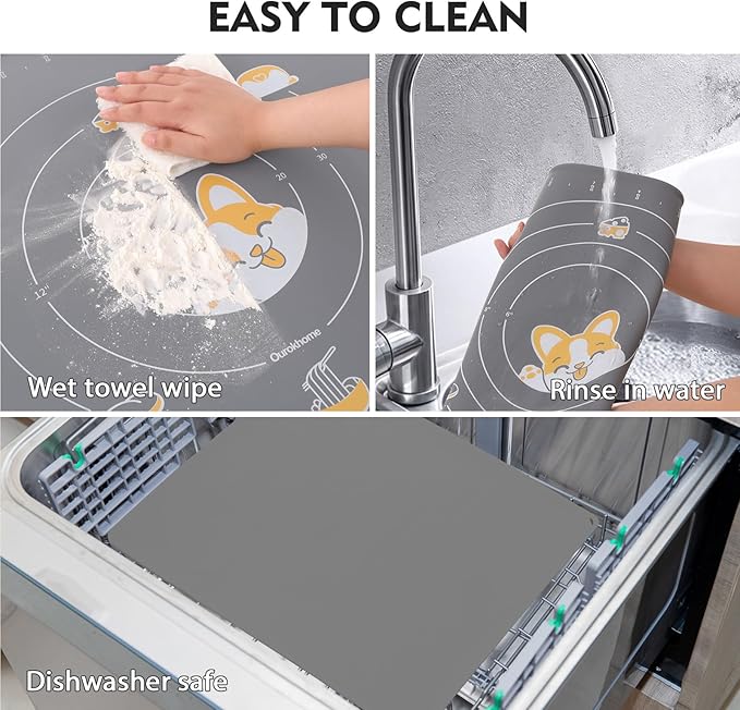 Silicone Baking Mat and Pastry Scraper, Ourokhome Dough Kneading Mat with Measurement and Conversion Chart, Ourokhome Stainless Steel Pizza Cutter for Kitchen Baking