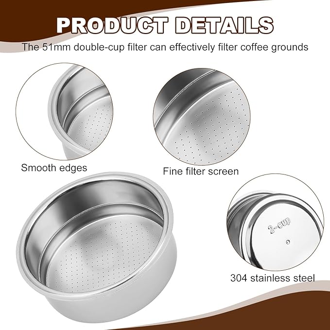 51mm Pressurized Filter Basket 2 Cups Stainless Steel for Semi-Automatic Espresso Coffee Machine, Double Layer Portafilter Perfect for Home Cappuccino Americano Baristas