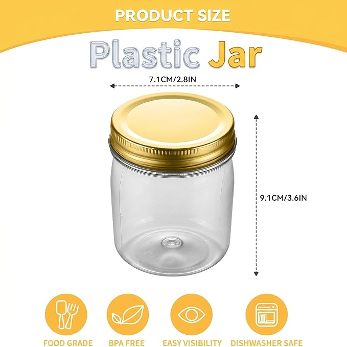 novelinks 8 oz Clear Plastic Jars with Airtight Lids, 24 Pack Plastic Mason Jars with Lids 8oz, Refillable Storage Slime Containers & Small Spice Jar for Kitchen Organization (24 Pack,Gold)