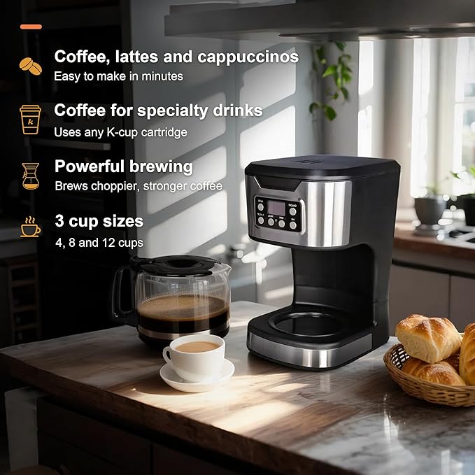 Programmable Coffee Maker 12 Cup Brew & Drip coffee machine, Fully Automatic, 1-4 Cup Setting, Stainless Steel,Keep- Warm Function, Household, Home and Office,Black