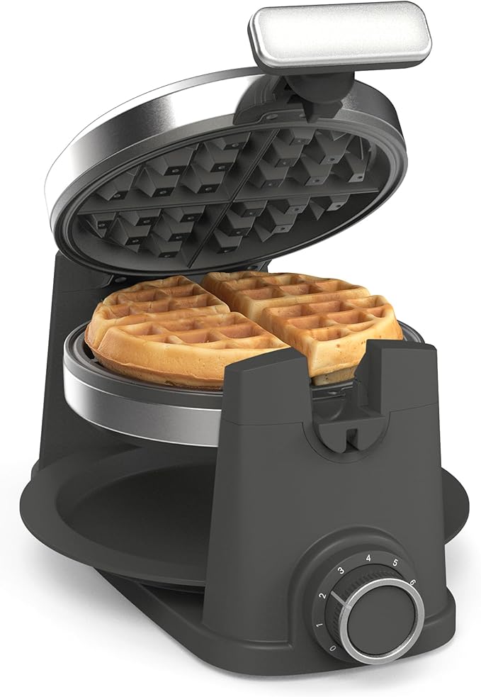 Martha Stewart Rotating Waffle Maker, 180° Flip Iron with PFAS-Free Nonstick Plates, Adjustable Timer, Ready Light, Drip Tray, Space Saving, Classic Round 7”, Easy to Clean, Stainless Steel, Caviar