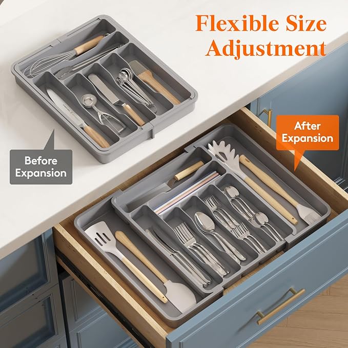 Lifewit Utensil Organizer for Kitchen Drawer, Expandable Cooking Silverware Tray, Adjustable Cutlery Flatware Holder, Plastic Spatula Tools Storage Divider, 11.8-19.6 x 15", Gray