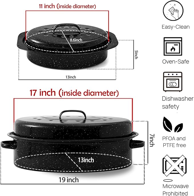 Enamel Roaster Pan With Lid and Rack Set 13"19"Granite Roasting Pans, Oval Large Turkey Baking Pan Suitable for Cooking 20lb Poultry and Beef High Temperature Resistance Oven Cookware