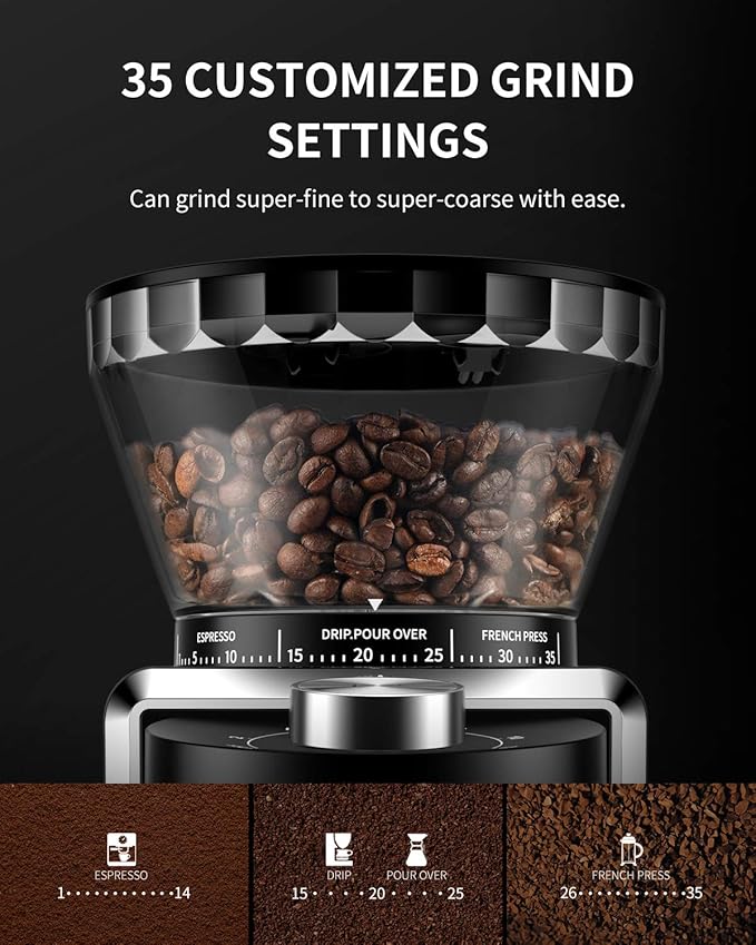 KIDISLE Conical Burr Coffee Grinder, Electric Coffee Bean Grinder for Precise Grinding, 35 Settings, 2–12 Cup Selector, Anti-Static Design for Home Use, Black