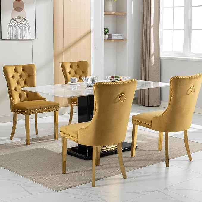 Gold Velvet Dining Chairs Set of 2, Kitchen & Dining Room Chairs, Tufted Upholstered Dining Room Chair, Back Ring Pull Trim, Golden Stainless Steel Legs, Gold