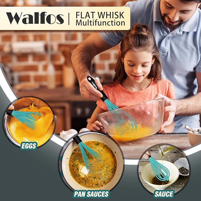 Walfos Silicone whisk,Whisks for Cooking Non Scratch, BPA Free whisk set of 4, 7+9+11in Balloon Whisks & 11in Flat Whisk, Heat Resistant(480°F).Great for Cooking in Pans, Baking, Whisking.Blue