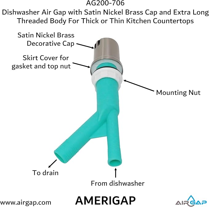 Dishwasher Air Gap with Skirted Satin Nickel Brass Cap and Extra Long Threaded Body for Thick or Thin Kitchen Countertops (AG200-706, AG200-X06, AMERIGAP)