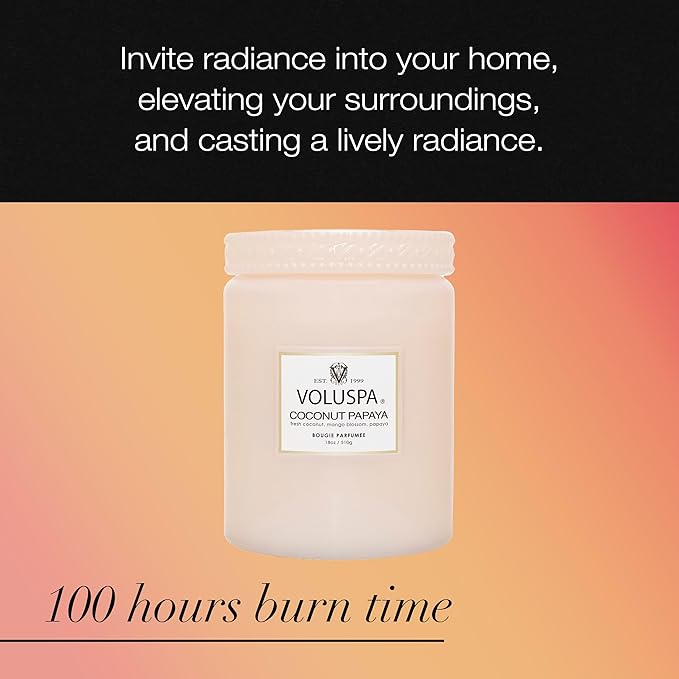 Voluspa Coconut Papaya, Large Candle Jar, 18 oz, 100 Hour Burn Time, Coconut Wax for Clean Burning, Handcrafted in The USA