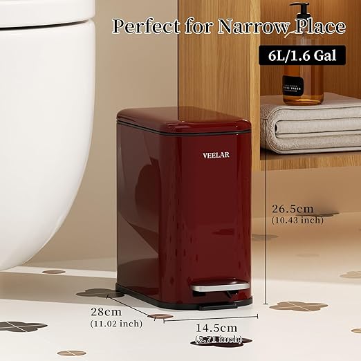 Slim Bathroom Trash Can with Lid, 1.6 Gallon / 6 Liter Stainless Steel Trash Bin, Step Pedal Garbage Cans for Bedroom, Kitchen, Office (Red)