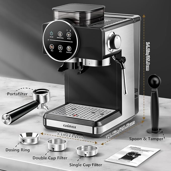 Espresso Machine with Grinder, 20 Bar Professional Expresso Coffee Machines with Milk Frother Steam Wand, Espresso Maker with 60oz Removable Water Tank, Cappuccino & Latte Machine for Home (Black)
