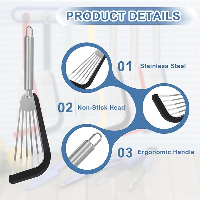 uxcell Stainless Steel Fish Spatulas with Handle Kitchen Cooking Spatula for Egg, Fish, Pancake Black