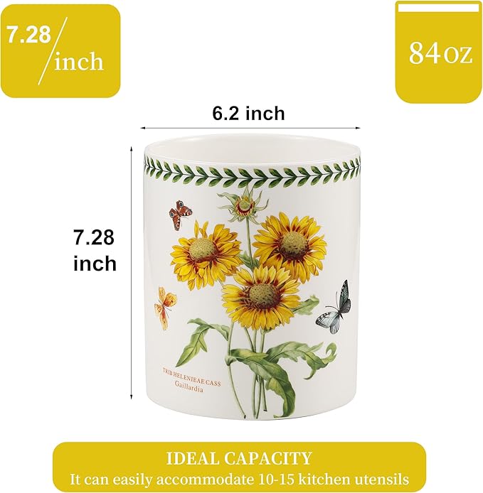 7" Flower Utensil Holder, Large Kitchen Utensil Holder Organizer , White Stable Utensil Crock Spatula Holder for Kitchen Counter Countertop Farmhouse Cooking Tools Holder(Sunflower)