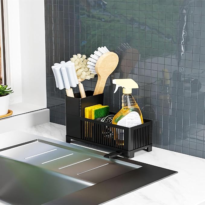 Sink Caddy & Kitchen Sink Organizer,Black Sponge Holder with High Scrub Brush Holder,Plastic Kitchen Countertop Organizer,Multifunctional Sponge Drain Rack,Dish Soap,Dish Sponge Holder,Soap Dispenser