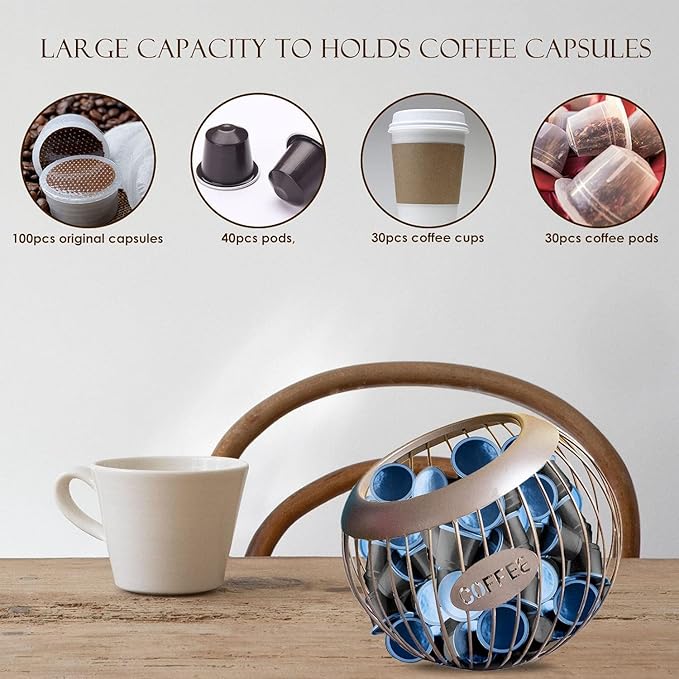 Coffee Pod Holder, Large Capacity Organizer, Metal, Brown
