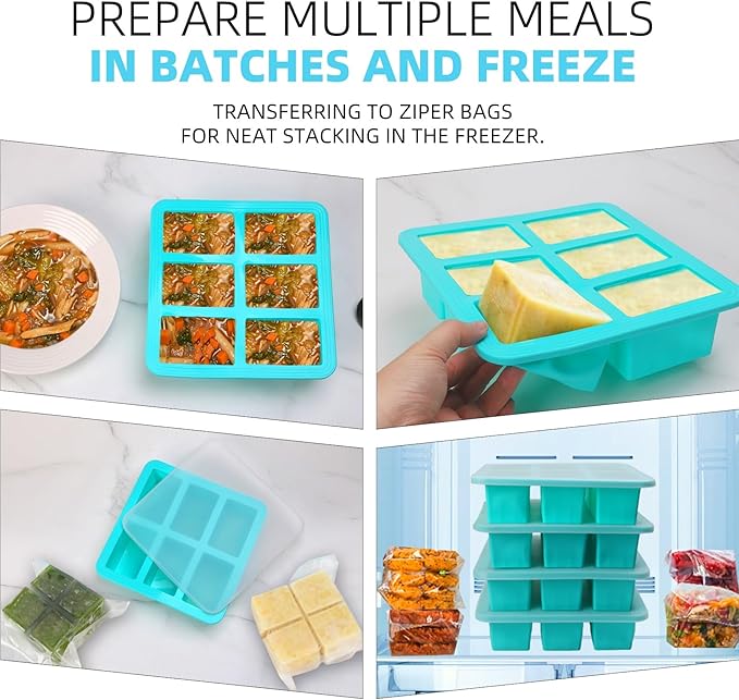 1 Cup Silicone Freezer Trays with Lid, 4 Pcs Ice Cube Freezer Molds, Silicone Ice Cube Tray, Easy Meal Prep, Silicone Mold for Soup and Food Storage(Aqua 4 Pack)