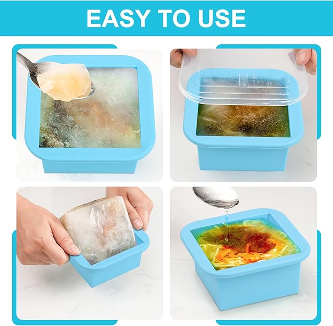 Silicone Freezer Tray with Lid 2 Pack Silicone Freezer Molds Ice Cube Tray Makes 2 Perfect 2 Cup Portions Soup Cubes Meal Prep Containers- Oven & Dishwasher Safe