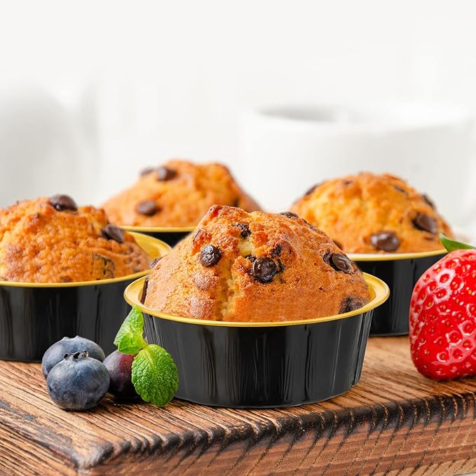 Tessco for you 100 Pcs Disposable Ramekins with Lids 8 oz Creme Brulee Ramekin Aluminum Foil Cup Cupcake Liner Baking Valentines Disposable Muffin Tin Pan Cheesecake Container (Black,Gold)