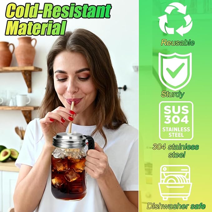 Palksky Mason Jar Lids with Straw Hole Wide Mouth, Stainless Steel Drinking Lid with Handle & Silicone Rings, Spill-Resistant Mason Jar Straw Lid for Iced Coffee, Juice, Lemonade (2 Packs)