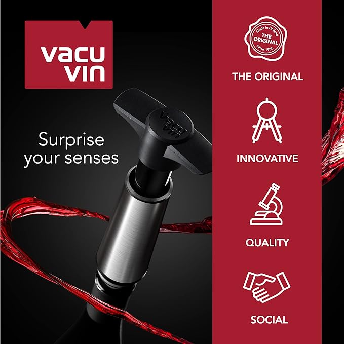 Vacu Vin Wine Saver Pump Red with Vacuum Wine Stopper - Keep Your Wine Fresh for up to 10 Days - 1 Pump 4 Stoppers - Reusable - Made in the Netherlands
